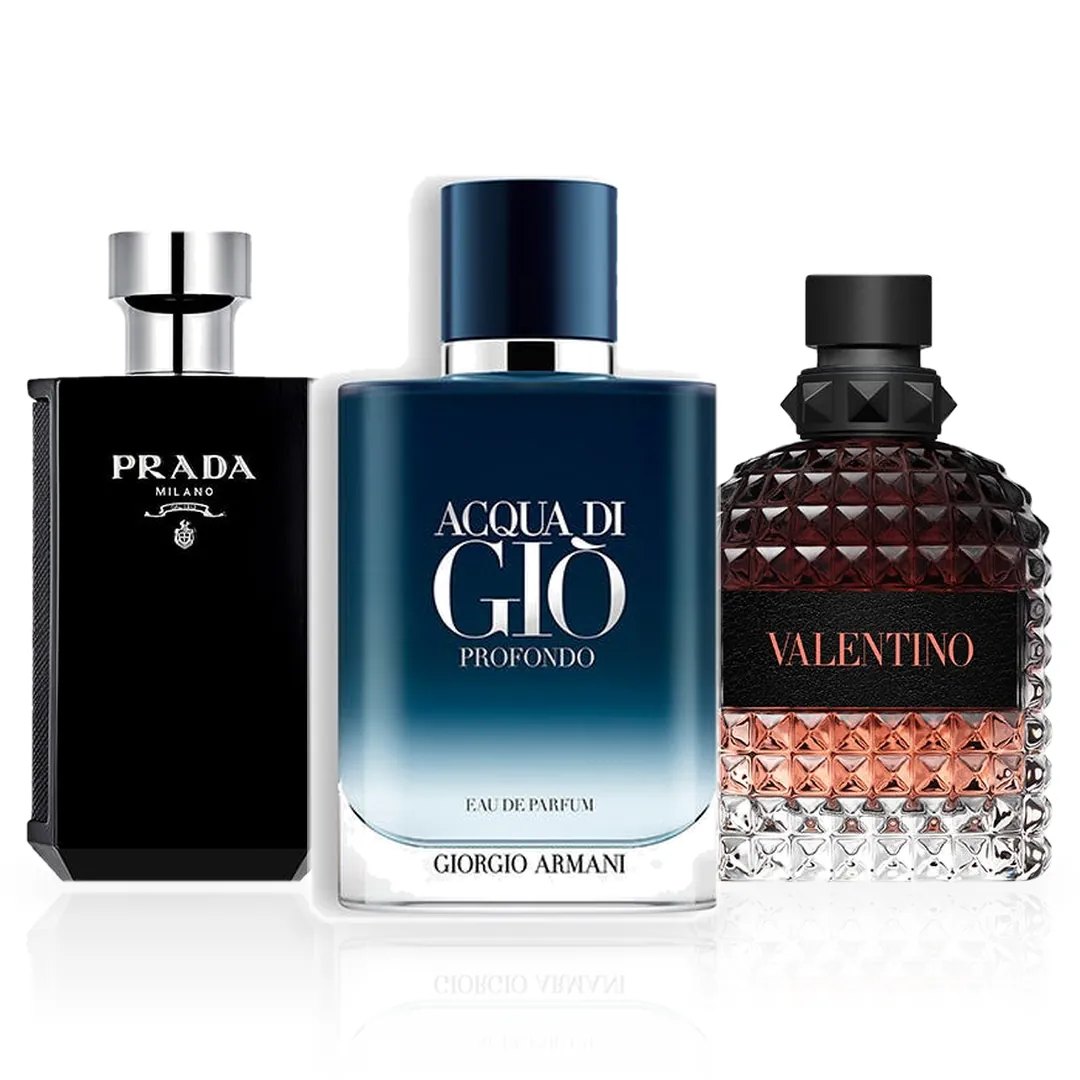 Pack de 3 Perfumes 100ML: Armani Acqua di Giò Profondo, Prada L'Homme Intense y Valentino Born in Roma Uomo Coral Fantasy