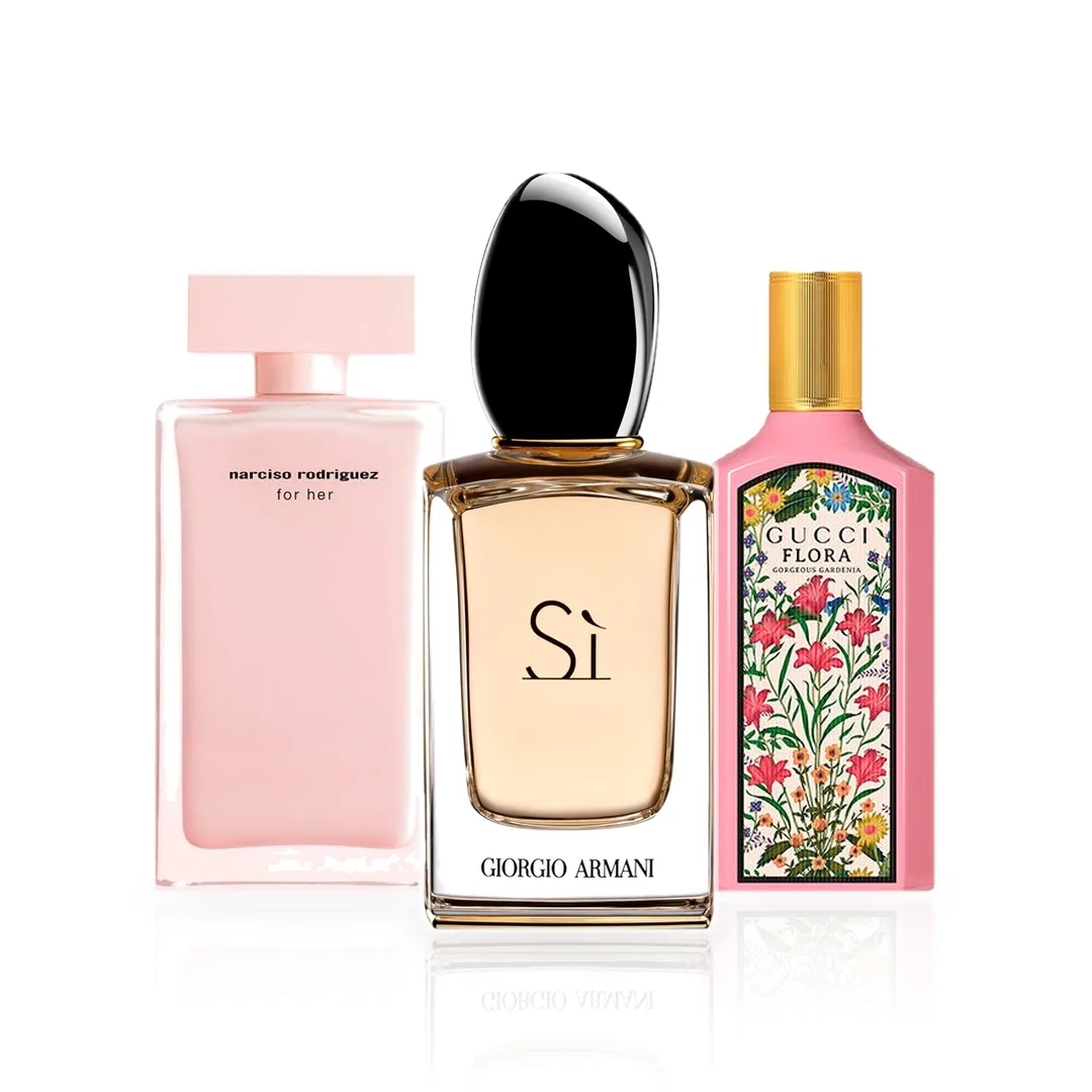 Pack de 3 Perfumes 100ML: Armani Sì, Narciso Rodriguez For Her y Gucci Flora Gorgeous Gardenia