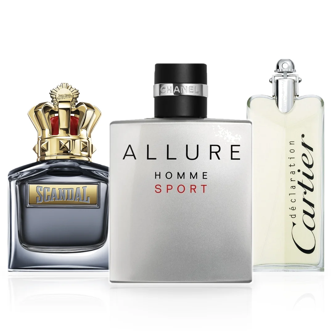 Pack de 3 Perfumes 100ML: Chanel Allure Homme Sport, Jean Paul Gaultier Scandal Pour Homme y Cartier Déclaration