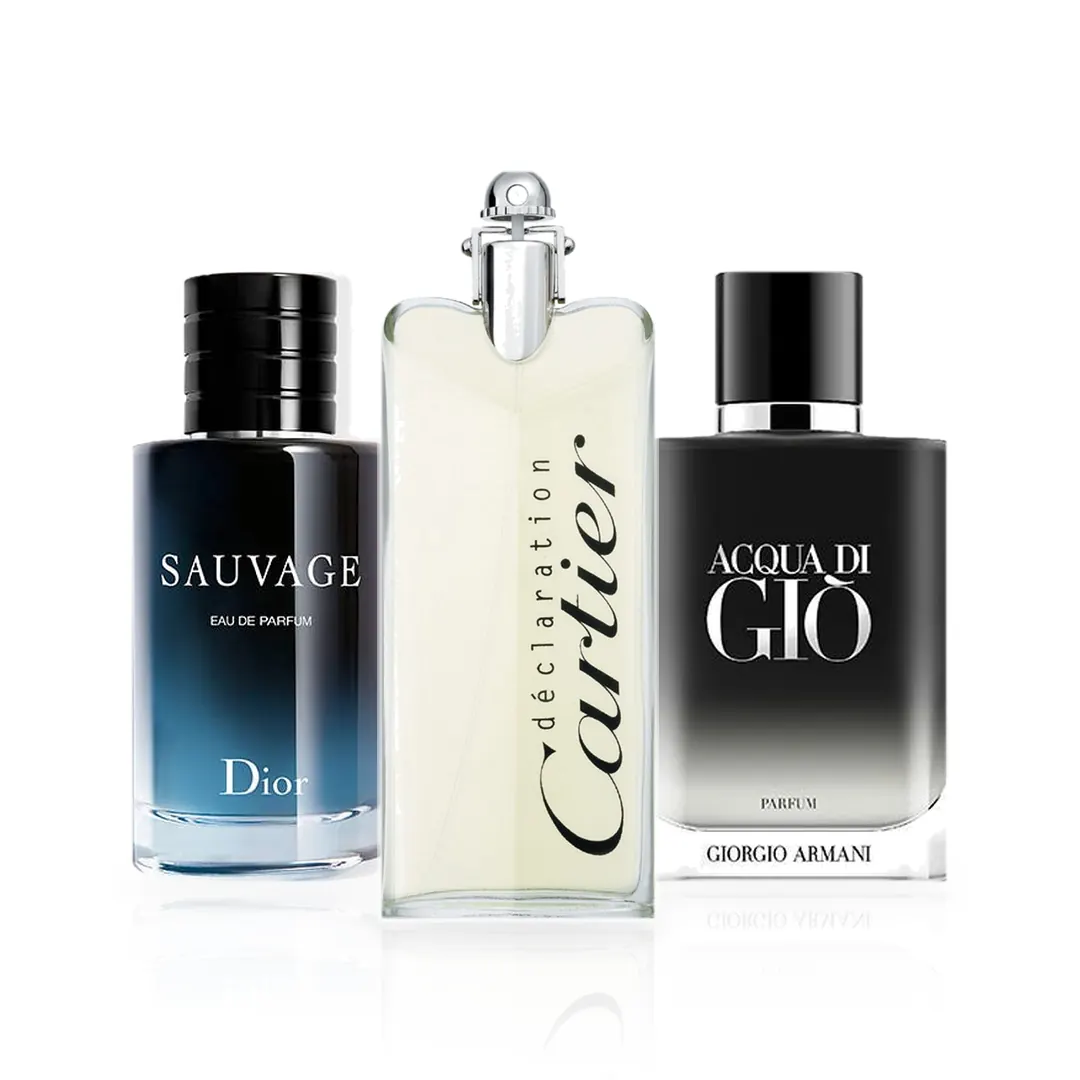 Pack de 3 Perfumes 100ML: Dior Sauvage, Armani Acqua di Giò Parfum y Cartier Déclaration