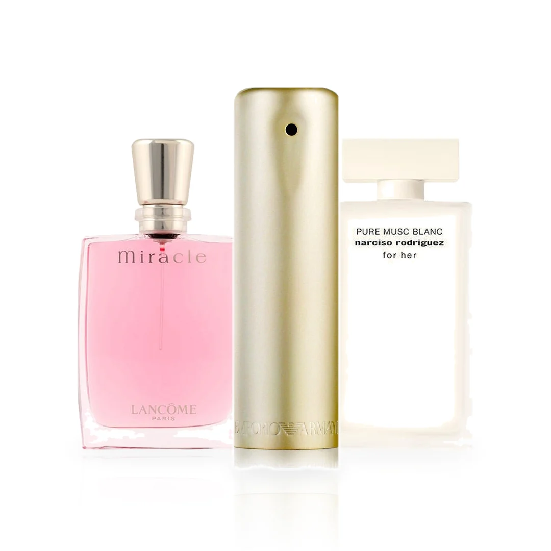Pack de 3 Perfumes 100ML: Emporio Armani Ella, Lancôme Miracle y Narciso Rodriguez For Her Pure Musc Blanc