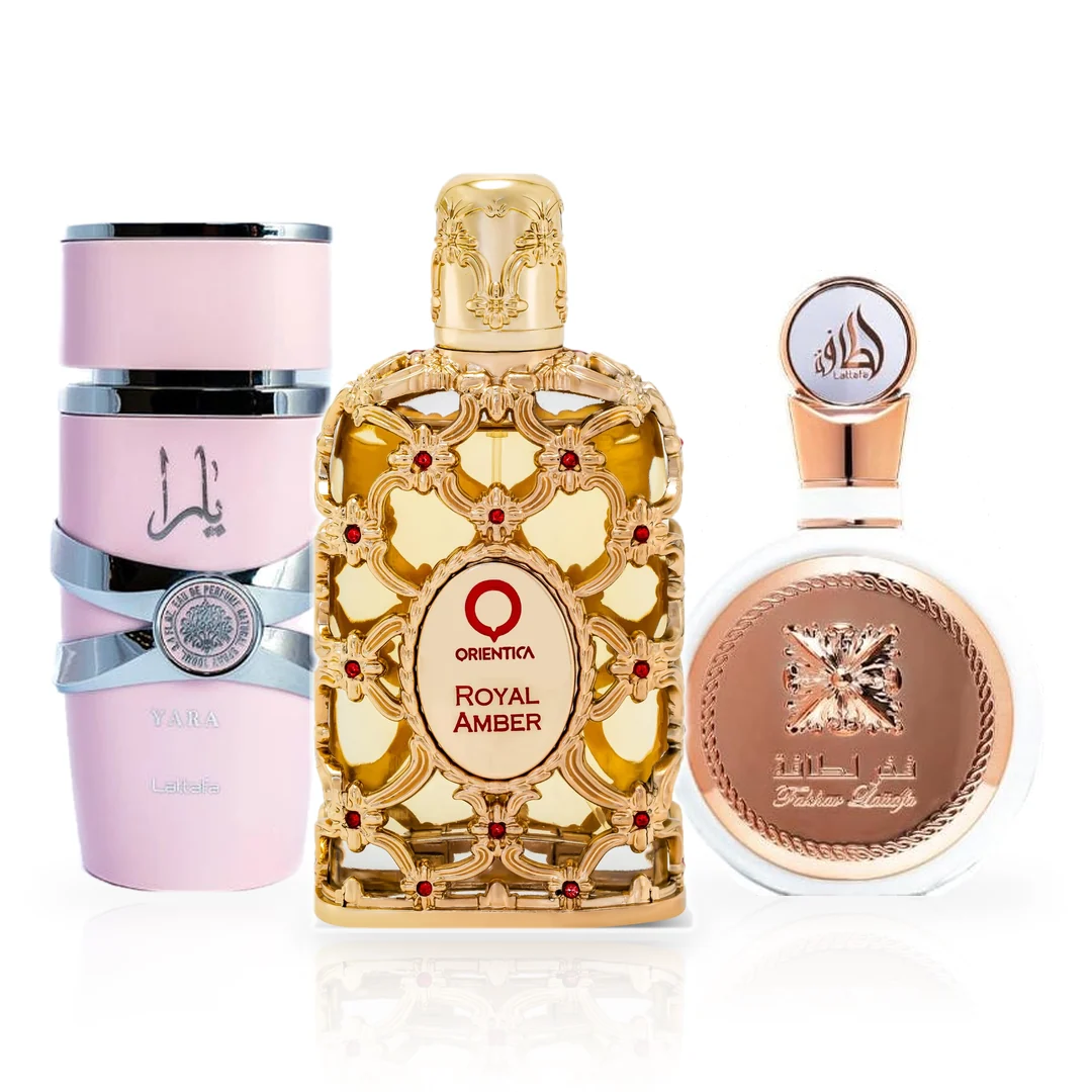 Pack de 3 Perfumes 100ML: Lattafa Yara, Lattafa Fakhar Women y Orientica Royal Amber