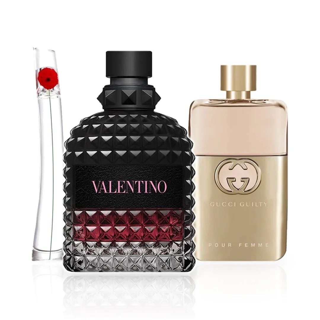 Pack de 3 Perfumes 100ML: Valentino Born in Roma Uomo Intense, Flower by Kenzo y Gucci Guilty Pour Femme