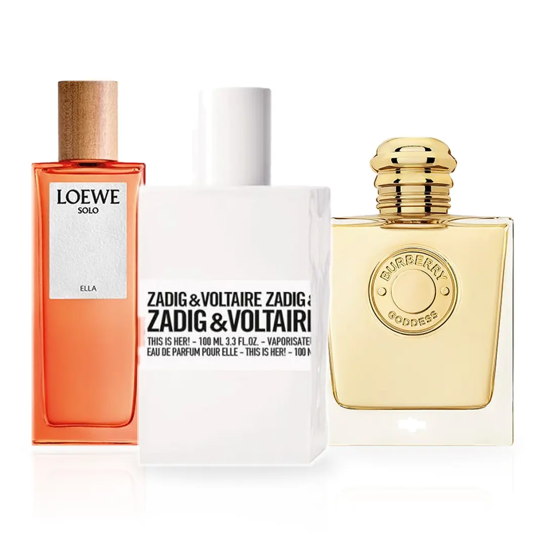 Pack de 3 Perfumes 100ML: Zadig & Voltaire This Is Her, Loewe Solo Ella y Burberry Goddess
